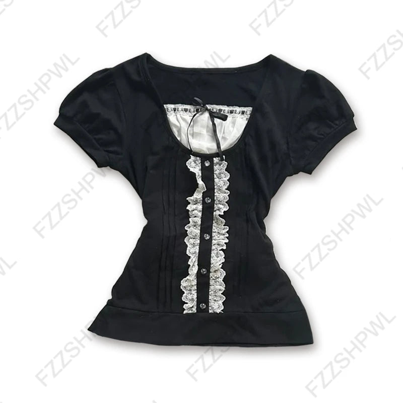 Vintage Slim Lace T-shirt Solid Color Casual Pattern Commuter High Street Fashion Y2K Cropped Top Trash Punk hop Women's T-shirt