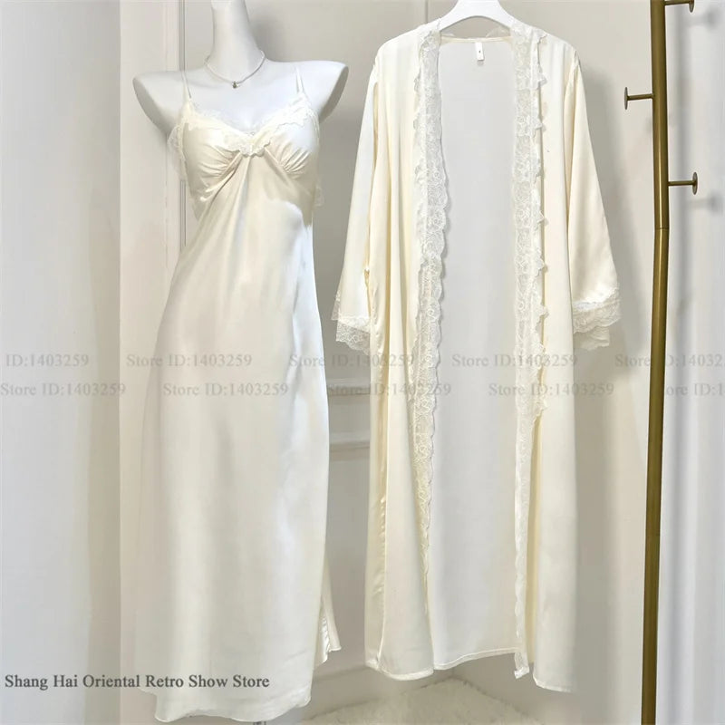 New Female Long Robe Nightgown Set Sexy Lace Trim Sleepwear Suspender Nightdress Spring Summer Casual Satin Home Dress Bathrobe - Matrix-studios.com