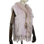 Harppihop womens natural real rabbit fur vest with raccoon fur collar waistcoat/jackets rex rabbit knitted winte - Matrix Studios