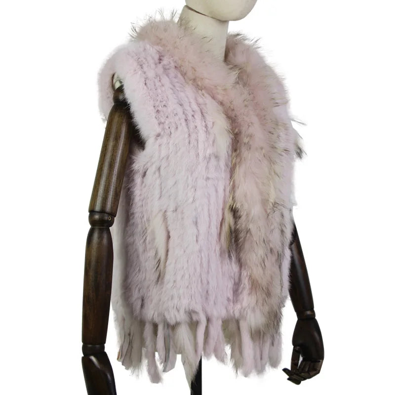 Harppihop womens natural real rabbit fur vest with raccoon fur collar waistcoat/jackets rex rabbit knitted winte - Matrix Studios