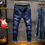 American Elastic Straight Jeans Men Ripped Worn-out Slim-fit Cotton Denim Pants Korean Style Fashion Blue Black Men's Clothing - Matrix Studios