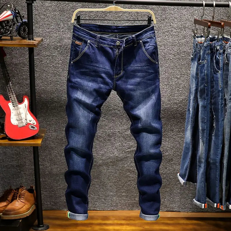 American Elastic Straight Jeans Men Ripped Worn-out Slim-fit Cotton Denim Pants Korean Style Fashion Blue Black Men's Clothing - Matrix Studios