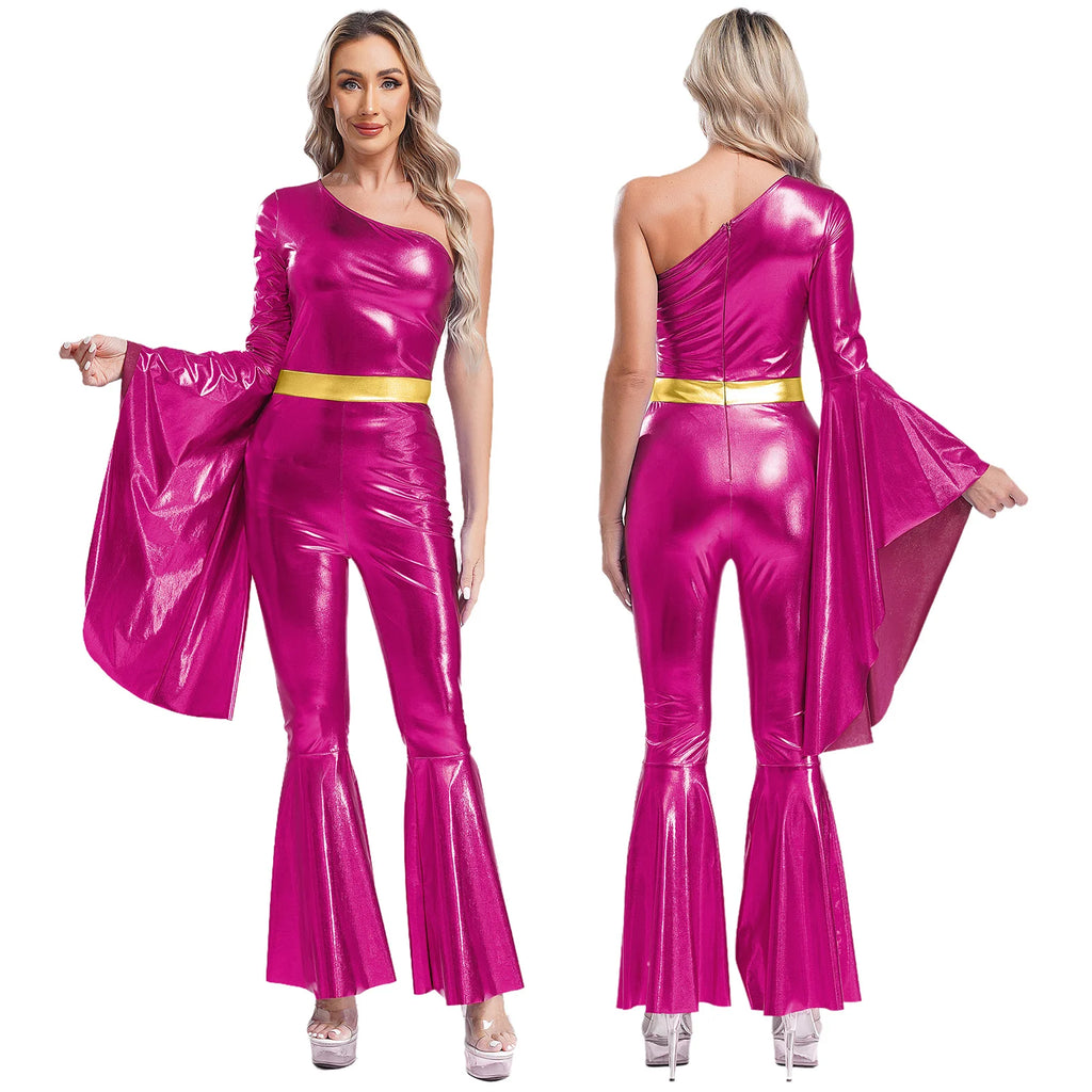 Womens 70S Disco Vintage Jumpsuit Metallic Shiny Flare Sleeve Bodysuit Hippie Bell Bottom Jazz Dance Carnival Rave Party Costume - Matrix Studios