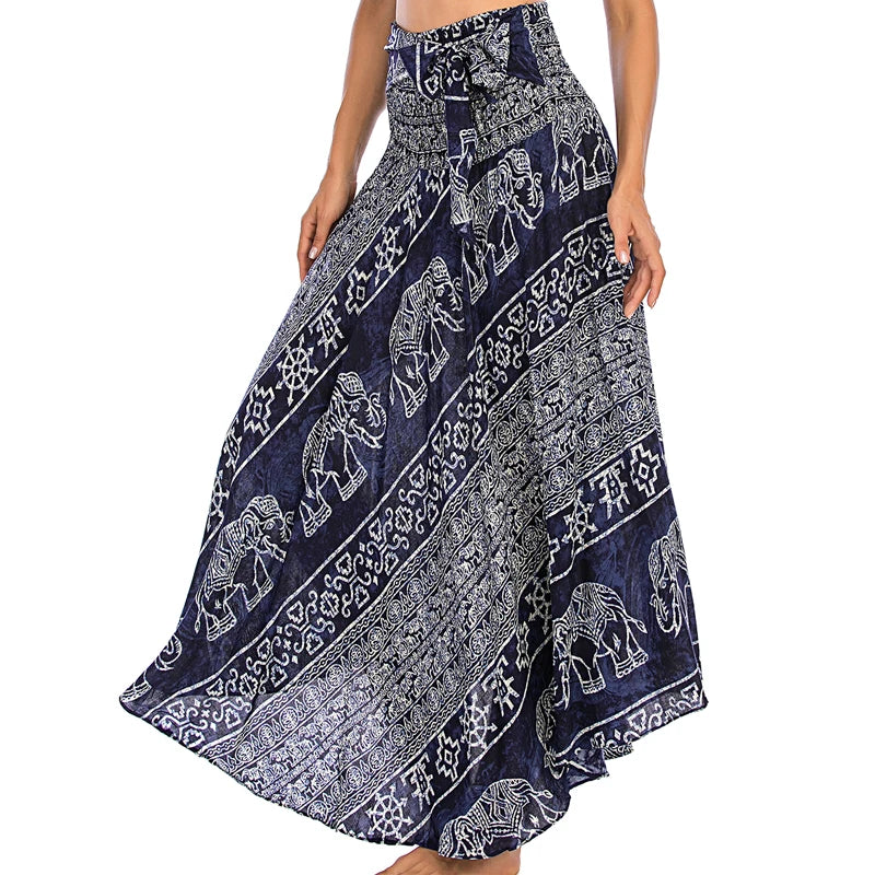 Boho Skirts Women Rayon Beach Long Dress Summer Bohemian Jupe Longue Femme Elastic Waist Print Floral Bandage Halter Hippie - Matrix Studios