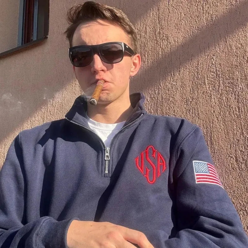Y2K Navy Blue Quarter Zip Sweatshirt USA Embroidered American Flag Patch Jacket Men Women Vintage Streetwear Fashion Trend Top - Matrix Studios