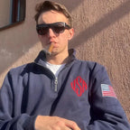 Y2K Navy Blue Quarter Zip Sweatshirt USA Embroidered American Flag Patch Jacket Men Women Vintage Streetwear Fashion Trend Top - Matrix Studios