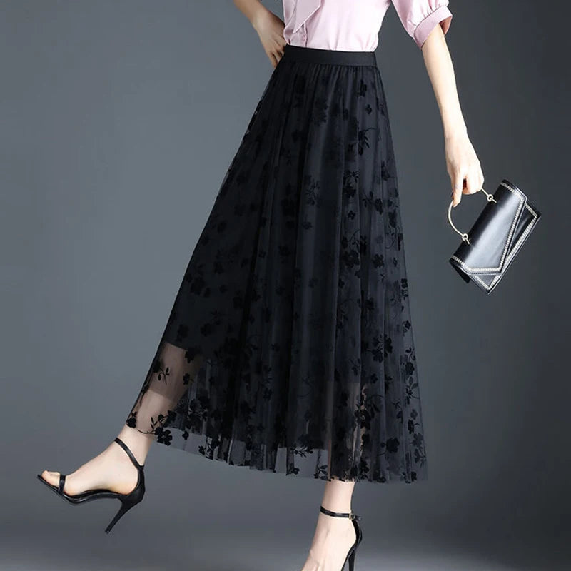 Korean Women Tulle Skirt Fashion Summer Hook Floral Loose Midi Skirt Elegant Female Casual All Match Mesh Skirts New - Matrix-studios.com