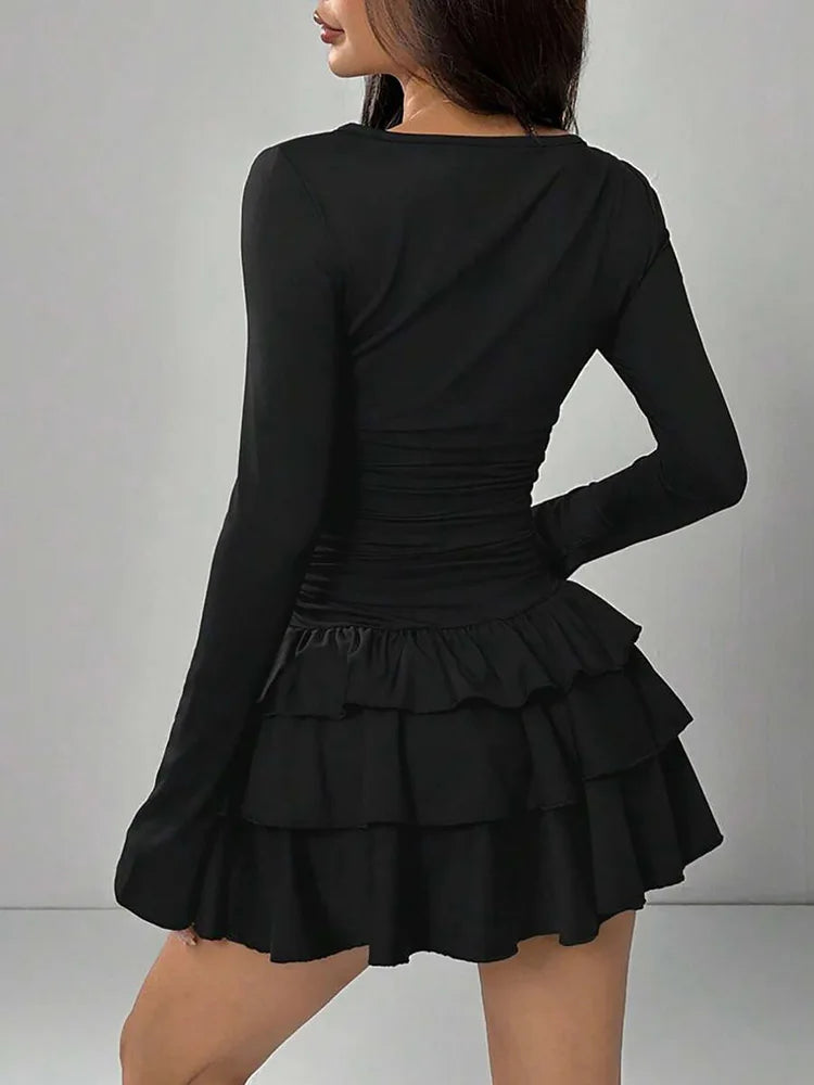 Autumn Winter Solid Color Slim Fit Cascading Ruffles Mini Dress Women Elegant Flare Sleeve High Waist Sexy Party Bodycon Dresses - Matrix-studios.com