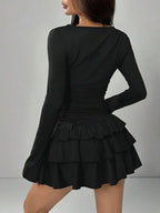 Autumn Winter Solid Color Slim Fit Cascading Ruffles Mini Dress Women Elegant Flare Sleeve High Waist Sexy Party Bodycon Dresses - Matrix-studios.com