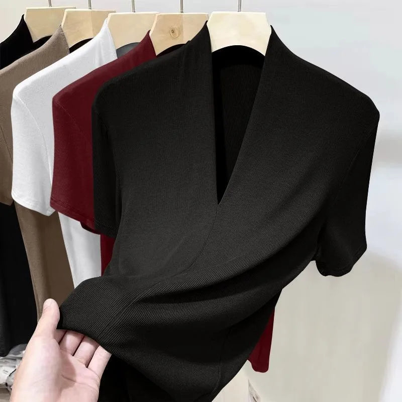 Threaded New Short Sleeved Top for Women Summer Fashion Versatile Base Shirt Plus Size Slim Fit V-neck T-shirt Casual and Sexy - Matrix-studios.com