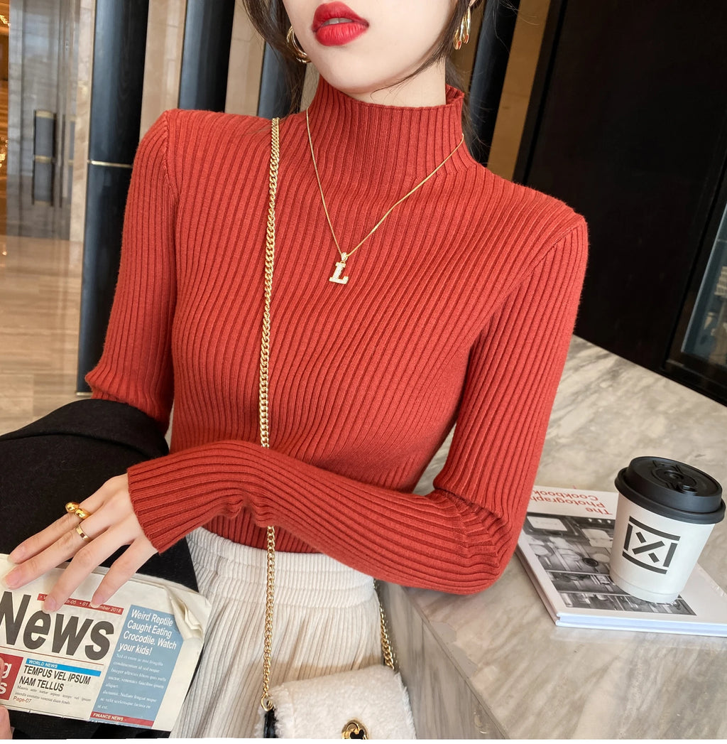 Solid Color Slim Tops Chic Autumn Winter 2026 Pullovers Women Long Sleeve Casual Turtleneck Warm Basic Sweater Knit Jumpers - Matrix-studios.com