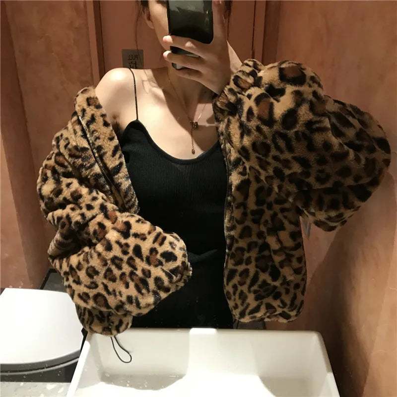 Winter Leopard Print Jacket Women's Stand collar Warm Parkas Outwear 2026 New Autumn Winter Korean Female Loose Faux Fur Coats - Matrix Studios