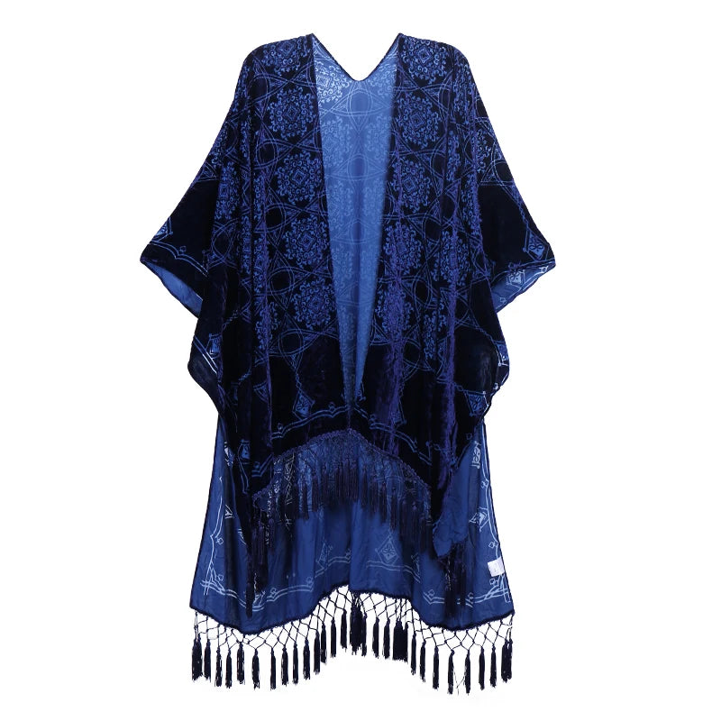 WeHello Fashion bohemian Women's Burnt Plush Kimono Long Cardigan With Tassel Beach Cover-up Holiday Cardigan Shawl - Matrix Studios