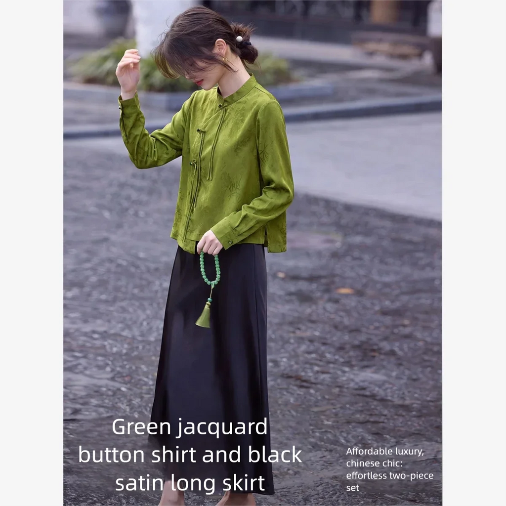 VIMLY New Chinese Style Women's Two-piece Set Autumn 2026 Long Sleeve Top Satin Midi Skirt Elegant Fashion Matching Outfit 31785 - Matrix-studios.com