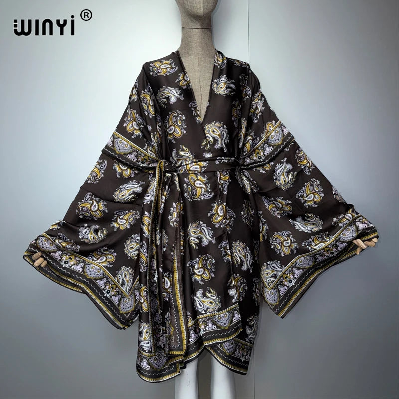 WINYI kimono beach outfits women Swim Suit Cover up boho Cardigan stitch Self Belt Holiday long Sleeve coat holiday kaftan coat - Matrix Studios