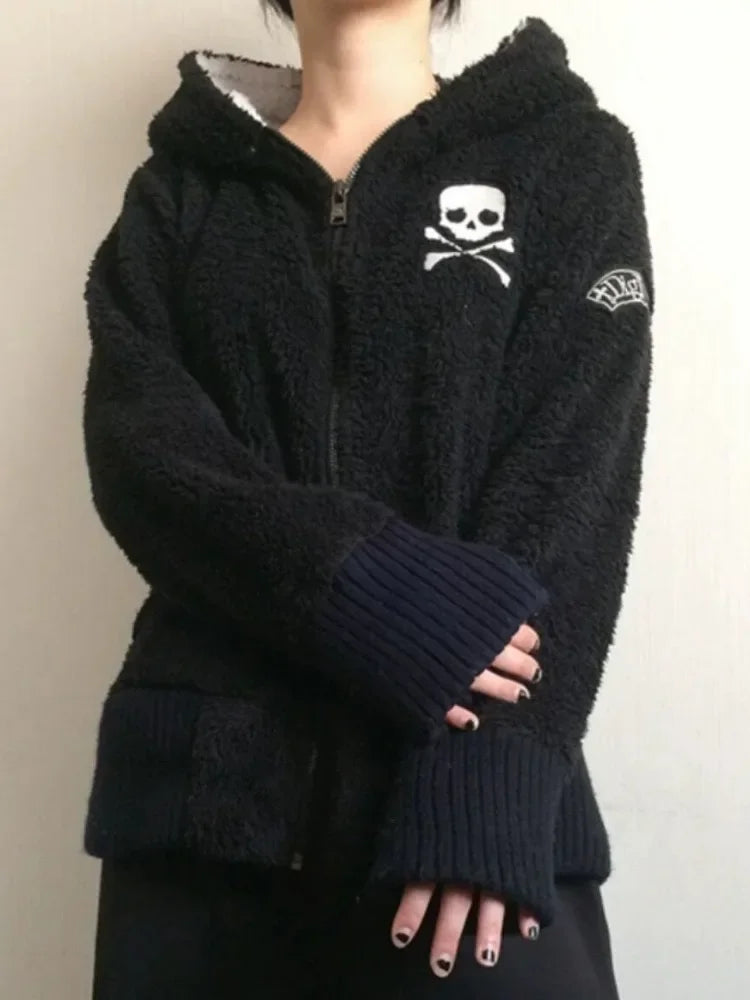 Y2k Lamb Wool Jackets Women Gothic Hoodies Cross Skull Grunge Zipper Sweatshirts Vintage Casual Hooded Coats Harajuku Streetwear - Matrix Studios