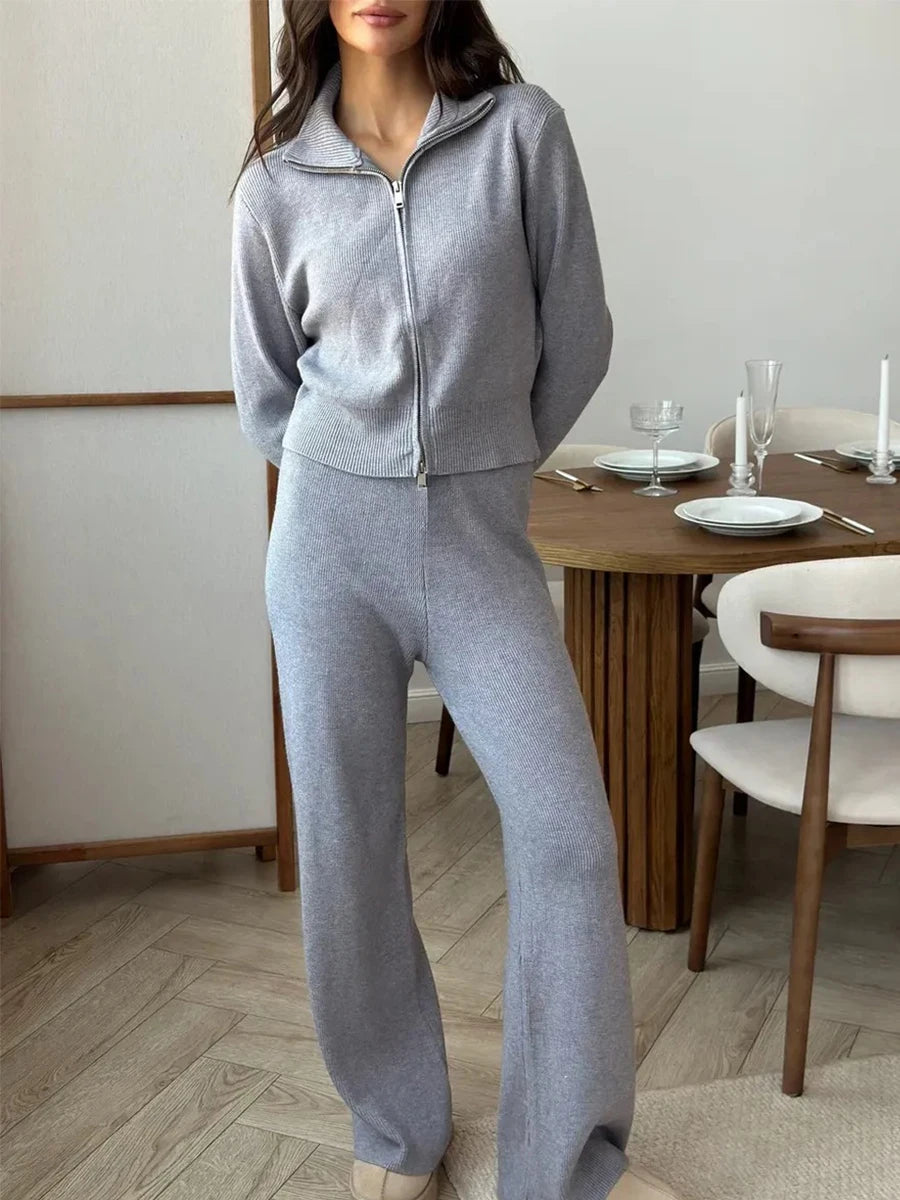 Bornladies Women's New Knit Zip Up Cardigan Wide Leg Pants Set Soft Fabric Cropped Elastic Waist Autumn Winter Fashion Sweater - Matrix-studios.com