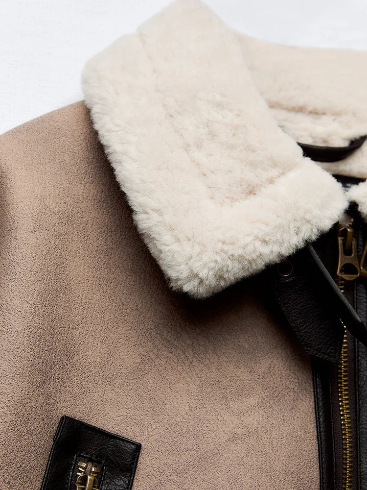 Ailegogo Streetwear Women Retro Loose Spliced Faux Leather Soft Fur Short Jacket Winter Female Zipper Belt Coat Vintage Outwear - Matrix Studios