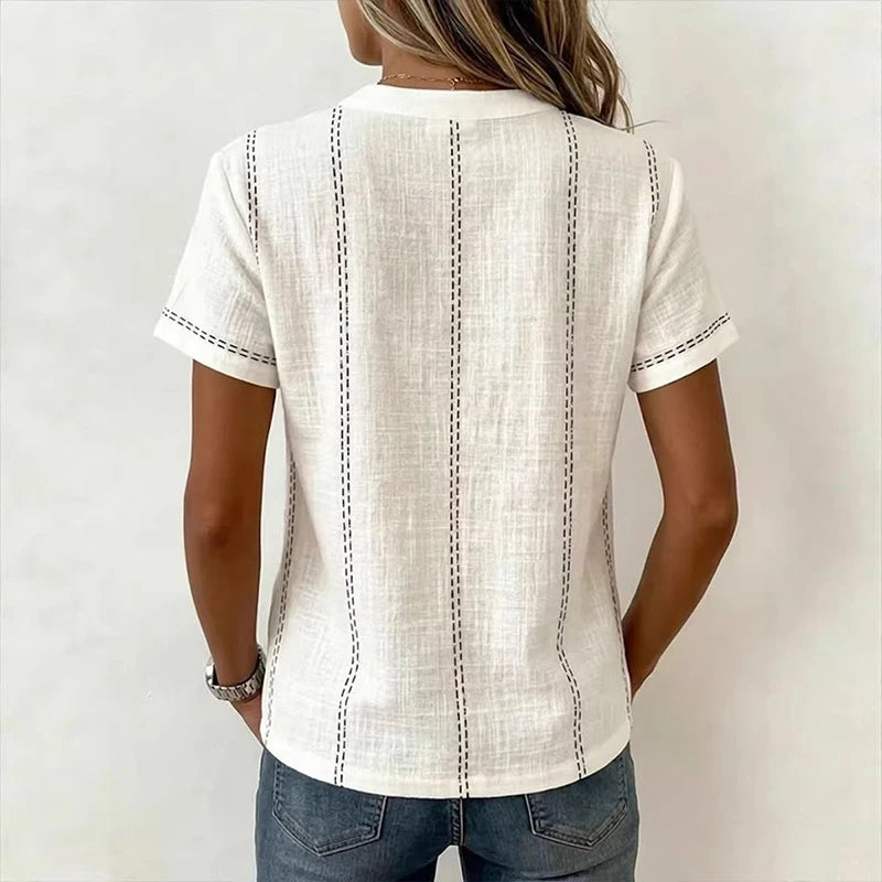 Elegant Women Blouse Shirt V Neck Button Patchwork Short Sleeve Shirts For Women Summer Striped Loose Tee Women Casual T-shirts - Matrix-studios.com