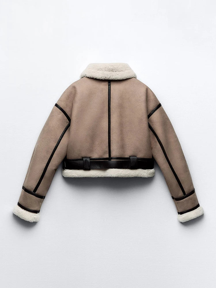 Ailegogo Streetwear Women Retro Loose Spliced Faux Leather Soft Fur Short Jacket Winter Female Zipper Belt Coat Vintage Outwear - Matrix Studios