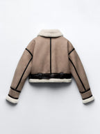 Ailegogo Streetwear Women Retro Loose Spliced Faux Leather Soft Fur Short Jacket Winter Female Zipper Belt Coat Vintage Outwear - Matrix Studios