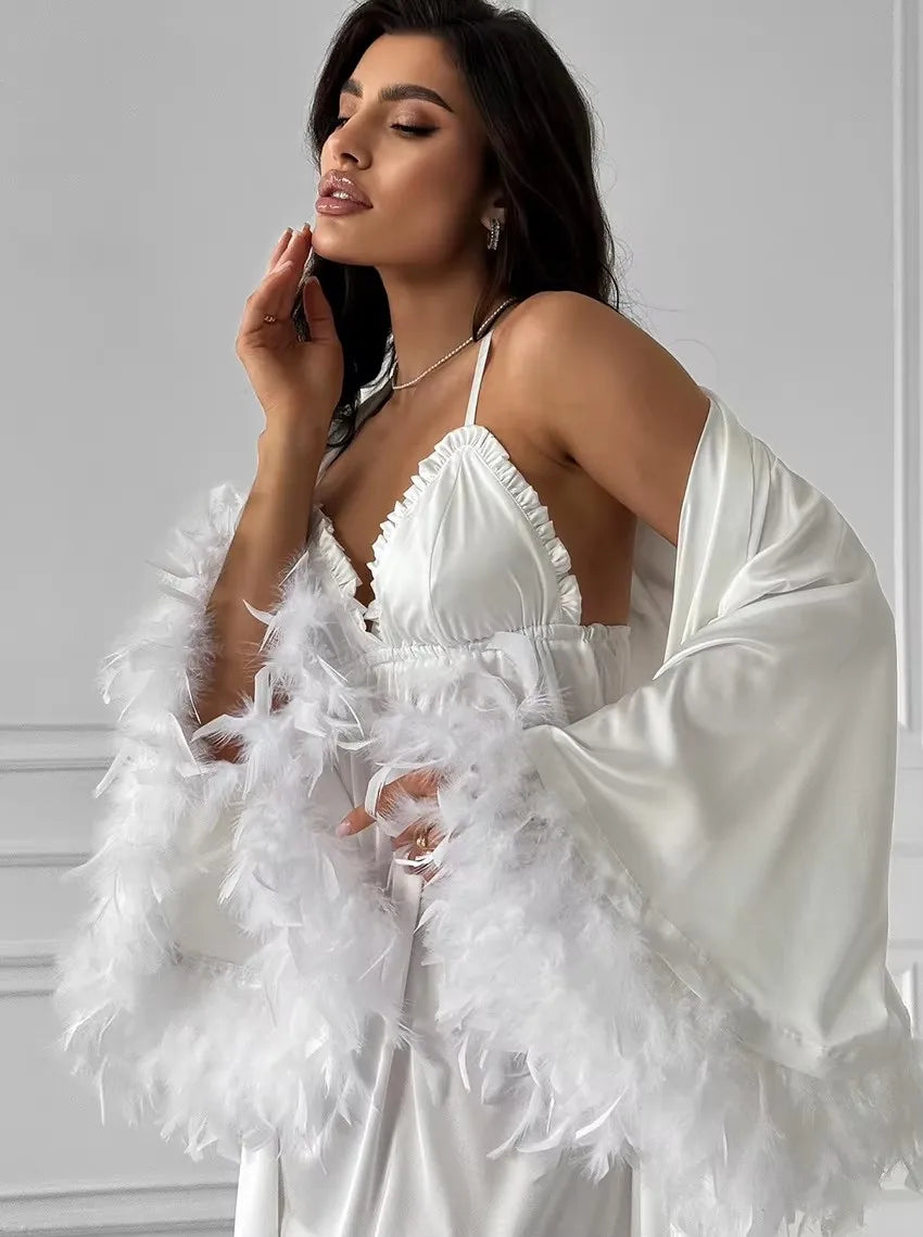Wedding Bride Robe Morning Gown Elegant Feather Female Kimono Bathrobe Gown Sexy Rayon Summer New Sleepwear Nightwear Lingerie - Matrix-studios.com