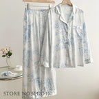Fashion Print Flower 2PCS Pajamas Set Women Sleepwear Spring Summer Trouser Suits Lounge Wear Loose Satin Homewear Pijamas Suit - Matrix-studios.com