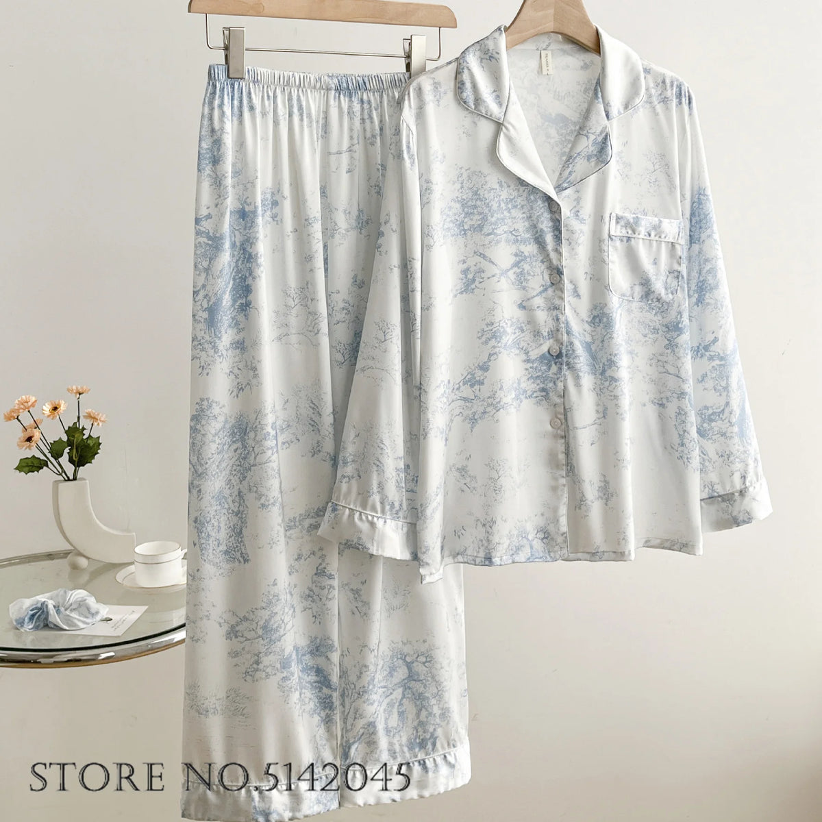 Fashion Print Flower 2PCS Pajamas Set Women Sleepwear Spring Summer Trouser Suits Lounge Wear Loose Satin Homewear Pijamas Suit - Matrix-studios.com