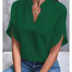 Women Elegant Solid V Neck Blouse Casual Short Sleeve Loose Shirt Summer Solid Tops Harajuku Office Ladt Chiffon Blouse 2026 New - Matrix-studios.com
