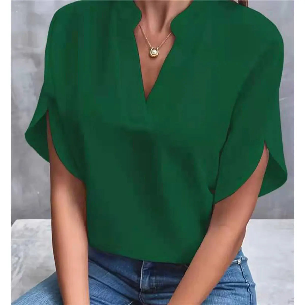 Women Elegant Solid V Neck Blouse Casual Short Sleeve Loose Shirt Summer Solid Tops Harajuku Office Ladt Chiffon Blouse 2026 New - Matrix-studios.com