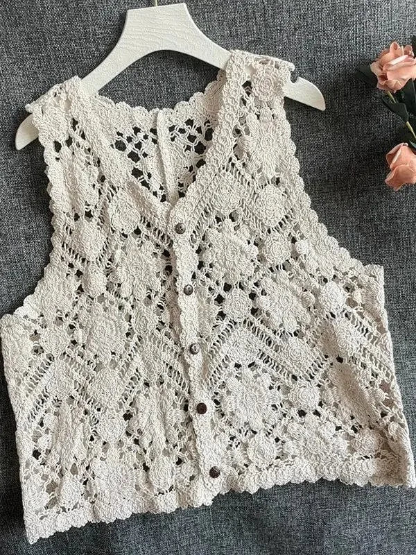 Embroidered Floral Crochet Vest for Women Hollow-out Open Knit Sleeveless Cardigan Boho Summer Festival Outfit - Matrix Studios