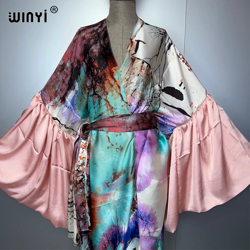 WINYI Summer Kimono Party Dress Beach Wear Swim Suit Cover Up Africa Women Loose Puff(ed) Sleeves Cardigan Boho Holiday Kaftan - Matrix Studios