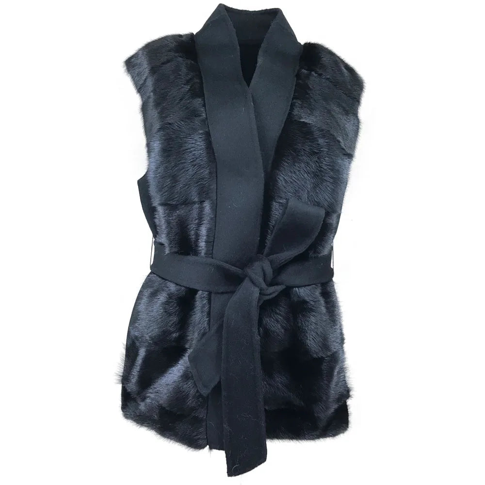 Real Mink Fur Vest with 100% Wool Back Autumn Winter Warm Elegant Waistcoat for Women Sleeveless Jacket V-Neck Length 64 Cm30408 - Matrix Studios