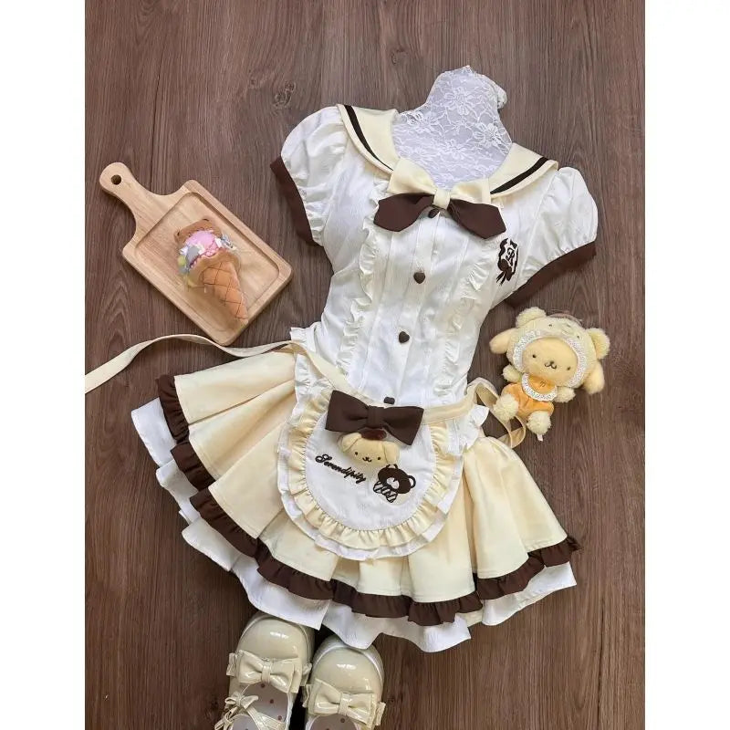 Spring Y2K Princess Outfits Women 2 Piece Sets Sweet Kawaii Bow Tops + Lace Pleated Skirt Female Retro Chic Preppy Style Clothes - Matrix-studios.com