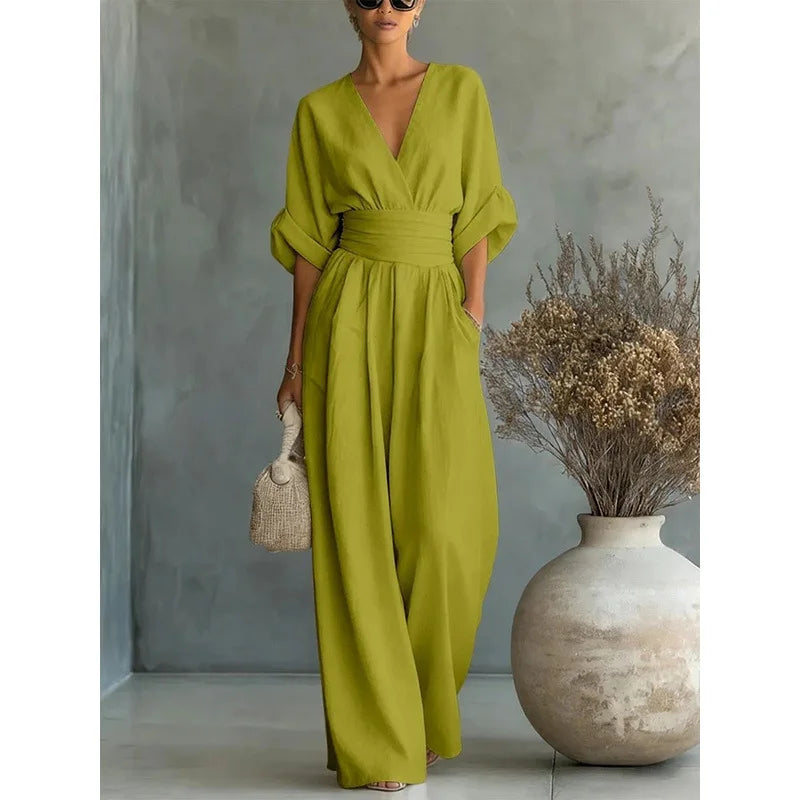 Women's Jumpsuit Fashion High Waist V-neck Jumpsuits for Woman Sexy White Office Wide Leg Trousers Overalls Vacation Outfit New - Matrix Studios