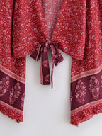 Bohemian Floral Print Rayon Kimono Holiday Tops Women Summer Ruffle Flare Sleeve Tie Front Crop Top Beach Boho Cover-ups - Matrix Studios