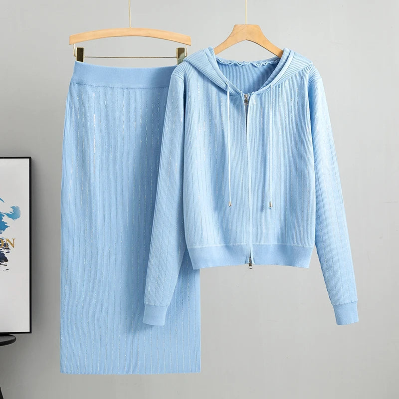 2025 new women's Knitted Cardigan High Waisted Buttocks Wrapped  Skirt 2 Piece Suits Luxury Hot Diamond Fashion Sets - Matrix-studios.com