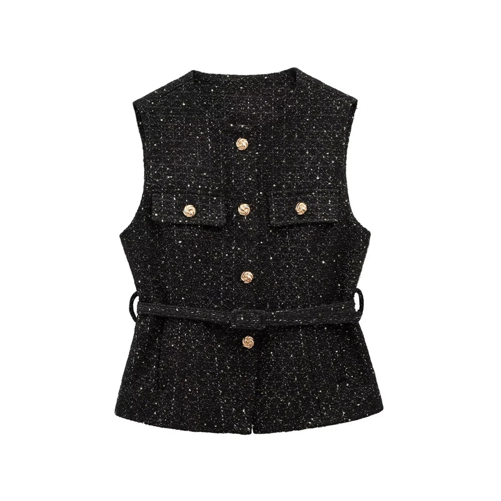 Women's Tweed Waistcoat with Belt, O Neck, Sleeveless, Front Button, Female Outerwear, Chic Tops, Fashion - Matrix Studios