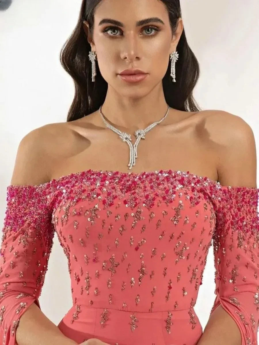 Customized Half Sleeve Sequined Beading Off The Shoulder Ribbons for Woman Formal Wedding Guest Evening Prom Cocktail Dresses - Matrix Studios