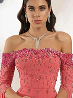 Customized Half Sleeve Sequined Beading Off The Shoulder Ribbons for Woman Formal Wedding Guest Evening Prom Cocktail Dresses - Matrix Studios