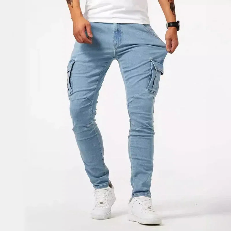 Men Casual Pencil Jeans Male Elastic Multi Pocket Small Slim High Street Denim Pants Wash Solid Color Mid Waist Cargo Jeans - Matrix Studios