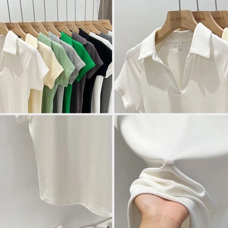 Niche Design Slim Fit Short Sleeve Women T-Shirt 2026 Summer New Arrival V-Neck Polo Shirt Unique Elegant Top Korean Solid Tee - Matrix-studios.com