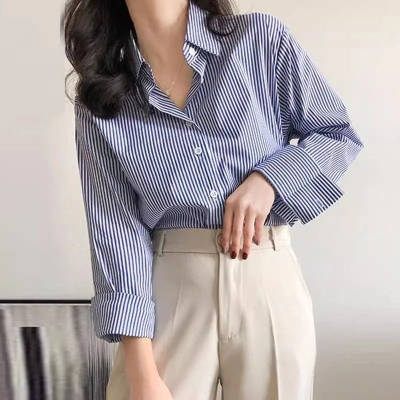 Classic Striped Woman Spring Autumn Blouses Shirt Lady Long Lantern Sleeve Stand Collar Loose Blusas Tops - Matrix-studios.com