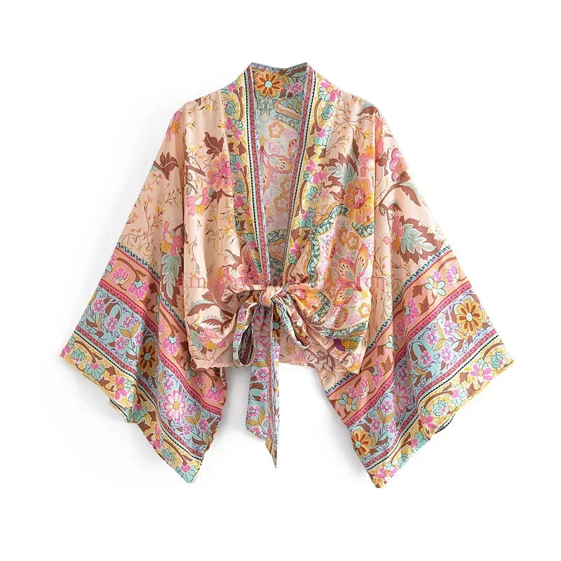 Happie Queens Floral Print Sashes Short  Kimono Women Fashion V Neck Batwing Sleeves Robe Lady Boho Bikini Cover-ups - Matrix Studios