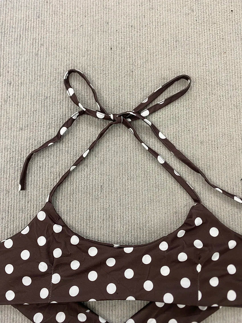 Coquette Retro Brown Polka Dot Tankini For Women Halter String Tie Back Bikini Top Matching Fold Waist Short Beach Swimwear Sets - Matrix-studios.com