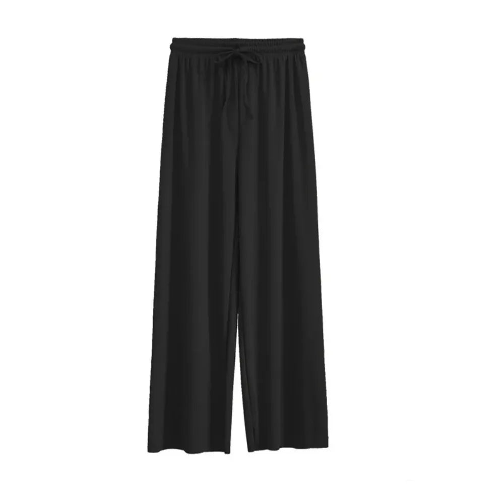 2026 Women Ankle-Length Wide Leg Pants Casual Summer Solid Elastic Waist Loose Ice Silk Pants Spring Summer Female Trousers - Matrix-studios.com