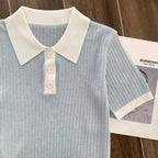 Women's Clothing Blue Polo Thin Style T-shirt Summer Button Casual  Short Sleeve Tee Office Lady Turn-down Collar Versatile Tops