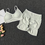Peach Buttock Yoga Suit Women Gym Seamless Suspender Gathering Bra High Waist Hip Lifting Belly Tightening Shorts Fitness Set - Matrix-studios.com