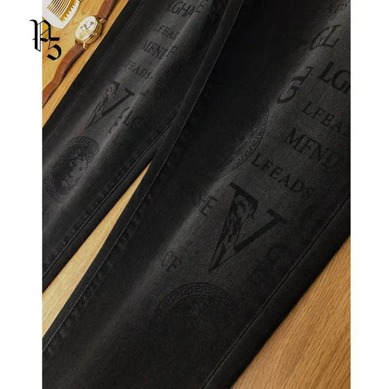 Spring and Autumn Korean Slim Jeans for Men 2025 High-end Luxury Clothing Black Printing Mid-waist Stretch Casual Pencil Pants - Matrix Studios