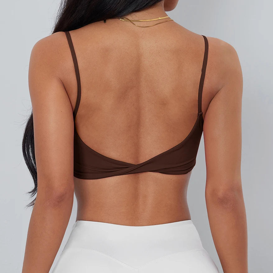 Anfilia Women Sports Bra Spaghetti Straps Backless Gym Bra High Elastic Square Neck Removable Padding Workout Top - Matrix Studios